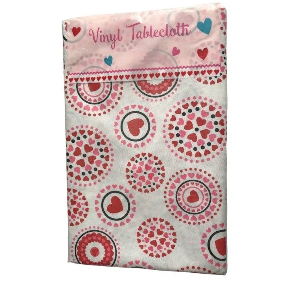 Valentines Day Vinyl Tablecloth Flannel Backed Hearts Love XOX Pink Red 52x90